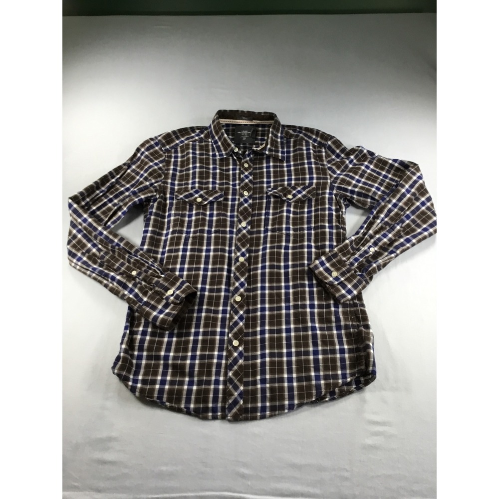 HM LOGG M Shirt Button Down Preppy Fitted Plaid Brown Navy Office Casual Weekend
